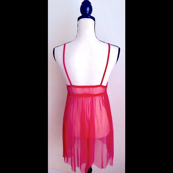 Red Lace Sheer Lingerie Dress: Mesh Chemise w/ Thong: Empire Wst, Bow Tie, Sz. S - Picture 3 of 5
